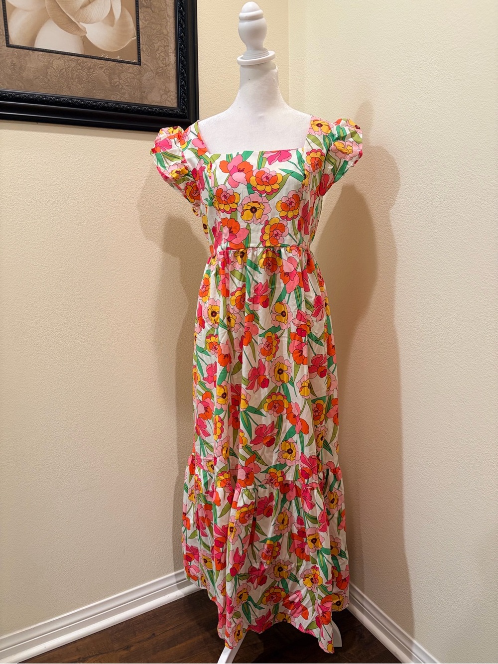 Kaii Floral Square-Neck Maxi Cotton Dress, bow tie at the back, large size  NWT